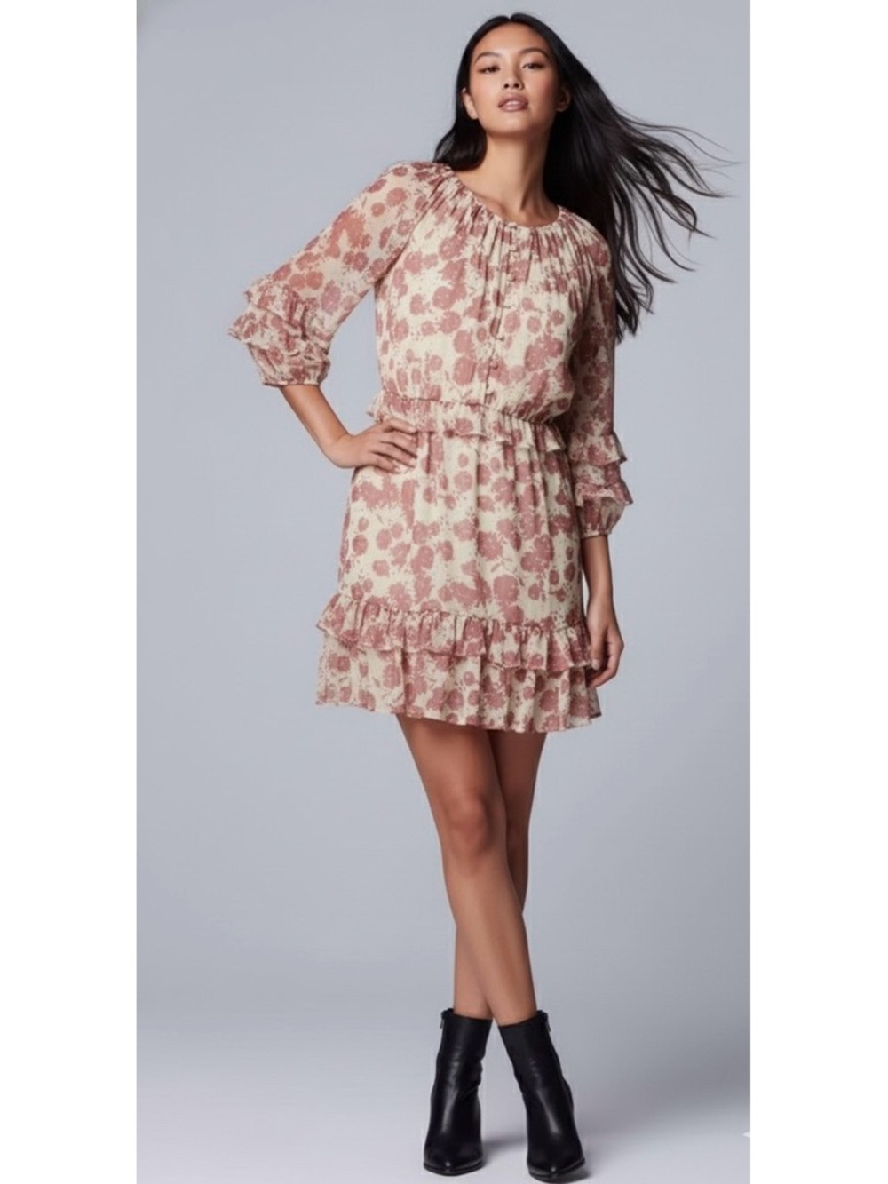 Vera Wang Cream Dress with Dusty Rose Floral Print